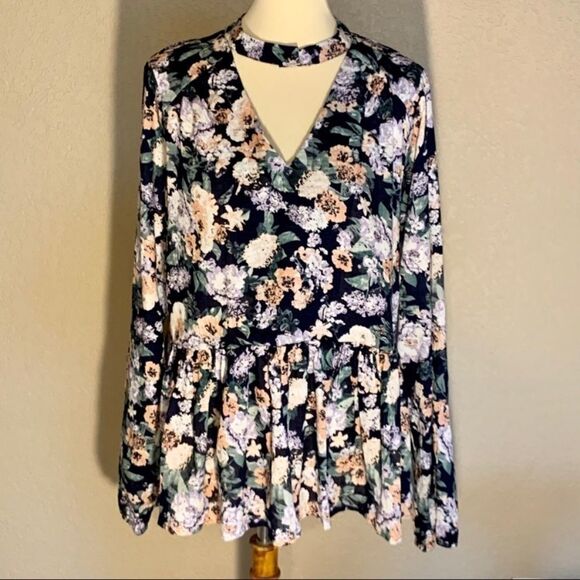 Navy Blue Floral Long Sleeve Top Key Hole Neck L - Picture 2 of 11